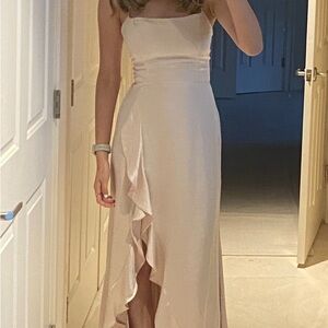 Elegant Cream Sleeveless Dress Side Slit Ruffle Open Back Cross Strap Prom dress